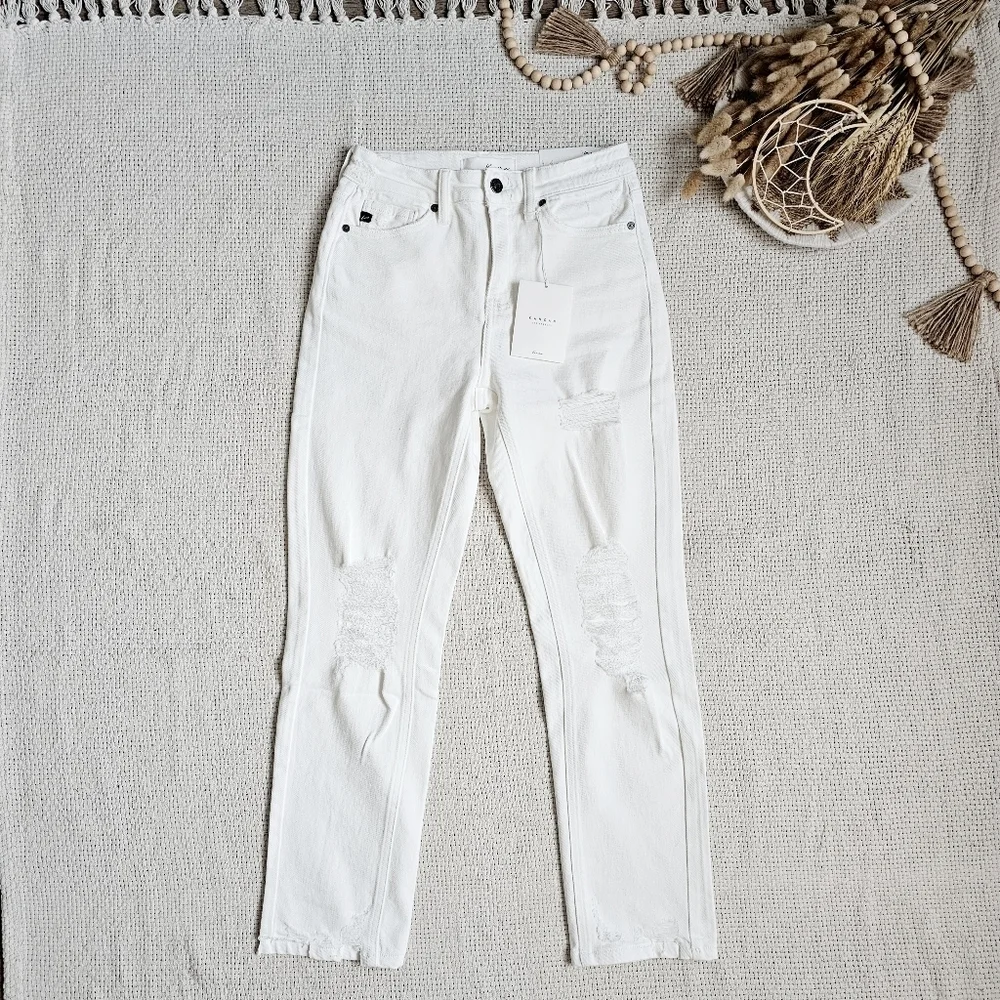 KanCan High Rise Slim Straight Fit Denim Jeans Stretch Distressed White 1/24 NEW - Picture 2 of 13
